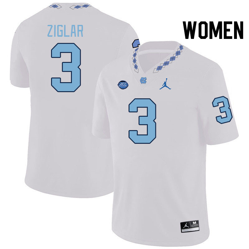 Women #3 Malcolm Ziglar North Carolina Tar Heels College Football Jerseys Stitched-White